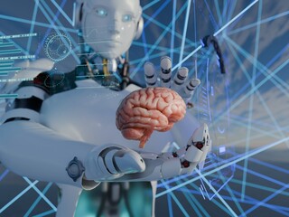 Cyborg holding human brain between his hands