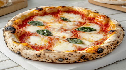 Poster - Traditional Italian food Margherita pizza features a crispy, charred crust, tomato sauce, melted mozzarella cheese, and fresh basil leaves.