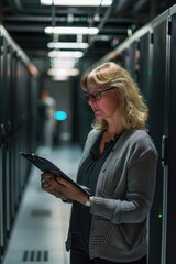 Poster - Woman working in a data center or IT office, using a tablet for monitoring or management
