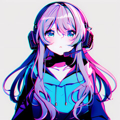 Anime girl with headphones immersed in music, with vibrant vaporwave aesthetics