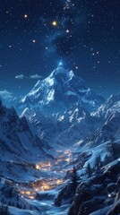 Poster - Nighttime alpine village nestled in the snowy mountains, illuminated under a starry sky. Conceptual fantasy landscape with serene night scenery. Ideal for storytelling and wallpapers. AI