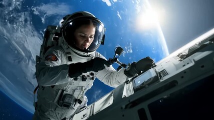 Poster - Female Astronaut Conducting Spacewalk on the Spacecraft's Exterior Generative AI
