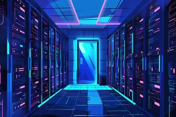 Poster - A modern server room with neon lights and a door, ideal for technology or IT-related projects