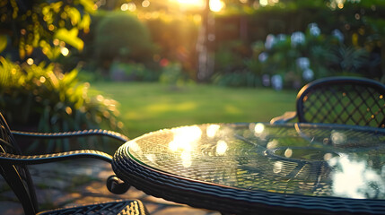 Wall Mural - Empty round glass patio table and empty chairs on a outdoor terrace at sunset. Glass tabletop for display products, close up view. Beautiful garden background