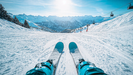 POV skiing in beautiful sunny Swiss Alps on an empty ski slope