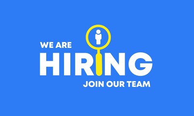 Wall Mural - We are hiring job candidate banner Design. Join our team and hiring concept. Yellow magnifying glass with blue gradient background.