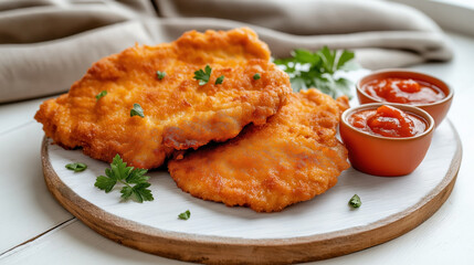 Poster - Traditional Austrian food Wiener Schnitzel, breaded and fried veal cutlets with parsley garnish and tomato-based dipping sauces.