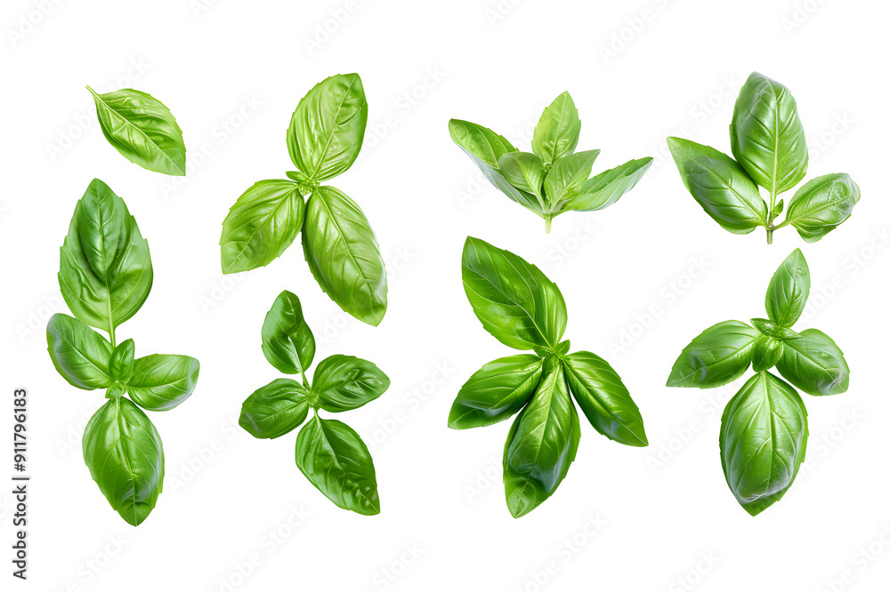 Set of fresh basil leaves and twigs isolated on transparent background ...