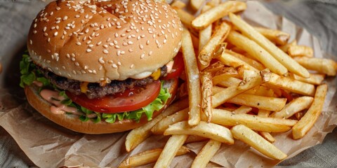 Deliciously stacked sesame seed burger topped with fresh lettuce and tomato, served alongside crispy golden fries on rustic paper background.