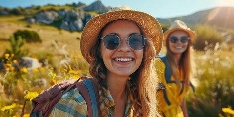 Joyful young women exploring nature on sunny summer day, wearing hats and sunglasses, surrounded by beautiful landscape, enjoying friendship and adventure, Copy space.