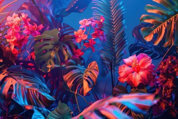 Sticker - lush tropical dreamscape bursting with exotic flora oversized neon flowers and surreal foliage creat