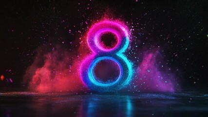 Wall Mural - Letter number 8 colorful 3d neon art with multicolor powder splash on behind with the dark background