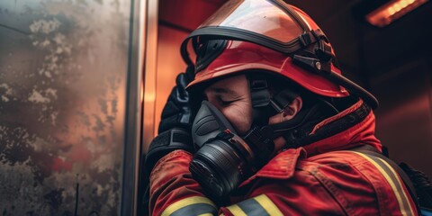 Wall Mural - A firefighter in full gear wearing a respirator mask. AI.