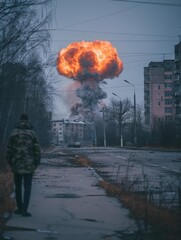 Canvas Print - A man walks down a street towards a large explosion in the distance. AI.