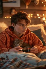 Wall Mural - A young man plays video games with his cat in his lap. AI.