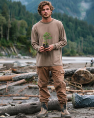 Canvas Print - A man holds a young tree sapling, standing on a beach surrounded by driftwood. AI.