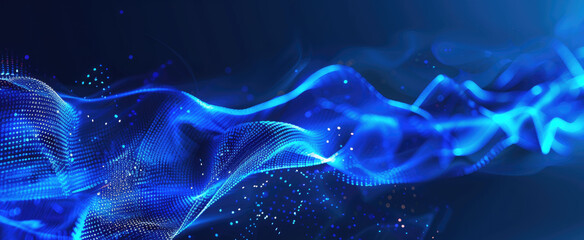 Poster - anoramic banner of nano fabric like abstract light cloth, dark blue texture background, transparent digital material. Concept of data, nanotechnology, ai technology, tech