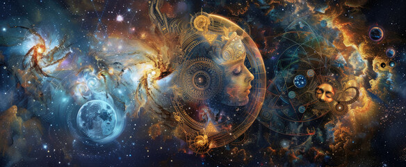 Wall Mural - astrological signs in space, abstract vintage zodiac symbols and planets, stars and sky. concept of 