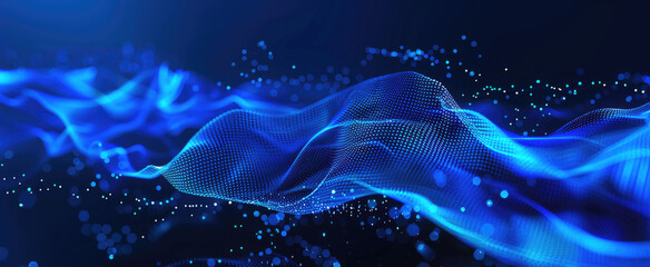 Poster - Nano fabric like abstract light cloth, dark blue banner texture background, transparent digital material in space. Concept of data, nanotechnology, cyber technology, tech