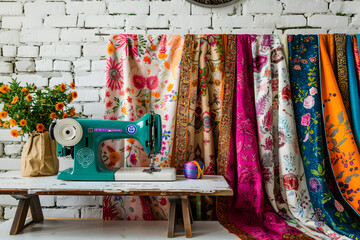 Poster - Sewing machine and different colorful fabrics around it, a bright environment