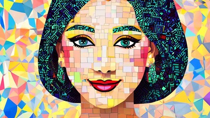Poster - Colorful Mosaic Portrait of an Asian Woman Generative AI