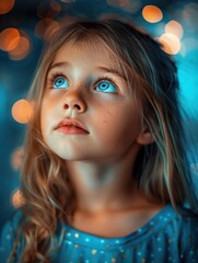 Poster - A young girl with blue eyes looks up at the lights. AI.