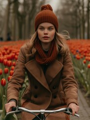 Wall Mural - A woman rides a bike through a field of flowers. AI.