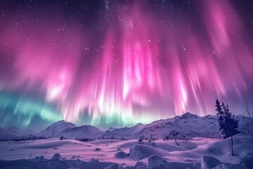 majestic pink aurora borealis dancing across starry sky illuminating snowy landscape below creating 