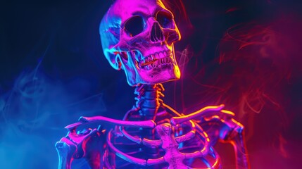 Wall Mural - A vibrant, neon-colored skeleton wallpaper with bright, glowing bone outlines on a dark background