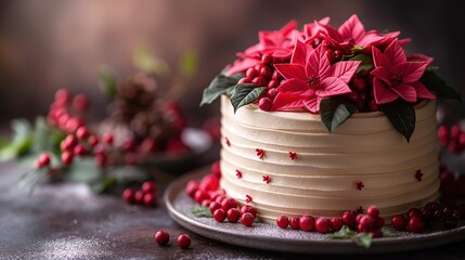 Christmas cake with poinsettia flowers. Great for special holiday celebration occasions. Background for product mockup and text. Extra space for copy