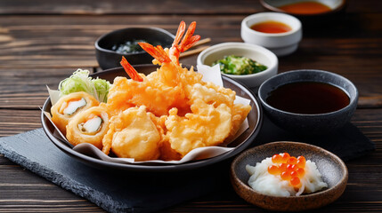 Poster - Traditional Japanese food Tempura. It features a variety of deep-fried items including prawns and vegetables, served with dipping sauces and garnished with shredded lettuce.