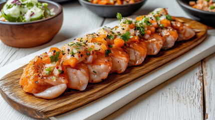 Wall Mural - Traditional Japanese food Sushi. Various pieces of salmon nigiri sushi with chopped vegetables and herbs on a wooden serving board, surrounded by side dishes.