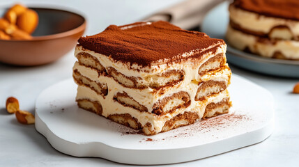 Canvas Print - Traditional Italian food Tiramisu with layers of coffee-soaked ladyfingers, mascarpone cheese, and cocoa powder on top, served on a white surface.