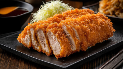 Sticker - Traditional Japanese food Tonkatsu featuring breaded, deep-fried pork cutlets, sliced and arranged on a black plate with shredded cabbage and dipping sauce.