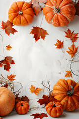 Wall Mural - Fall background with orange pumpkins and fall leaves on a light surface, generative AI
