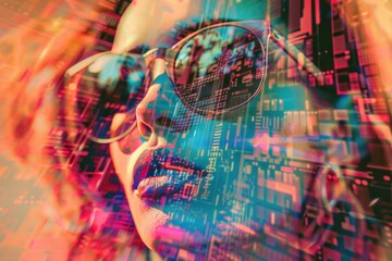 Poster - A woman wearing sunglasses stands against a backdrop of electronics, including a circuit board