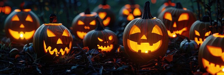 Wall Mural - Spooky Halloween Jack o Lanterns Group Illuminated in the Night