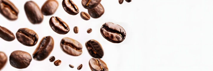 flying coffee beans on white bg