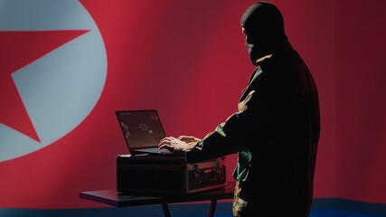 Poster - North Korean air defense operator uses radar detecting missile attacks, conducting space surveillance and satellite tracking. Pyongyang regime agent uses military software preventing rockets, camera A