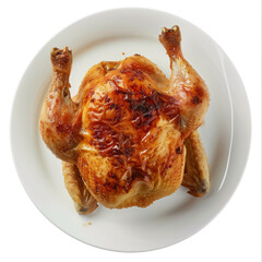 Wall Mural - Roasted Christmas chicken or turkey on a dish with herbs, isolated on a white background