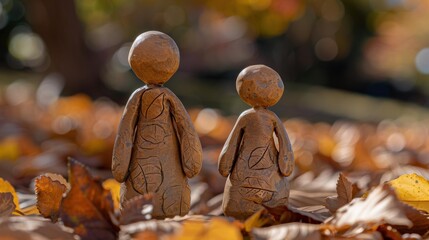 Poster - Two wooden figurines stand on a bed of fallen leaves. AI.