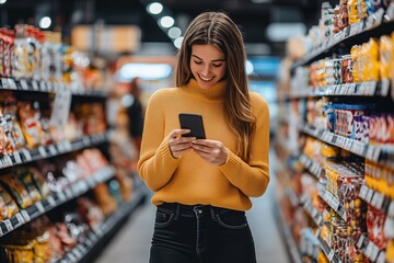 a girl standing between shelves in a supermarket looking at her phone and smiling, concept of retail sales, discounts and online offers, news