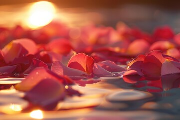 Wall Mural - Rose petals floating on water. AI.