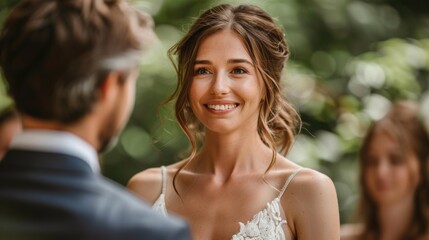 Sticker - A bride smiles as she looks at her groom during their wedding ceremony. AI.