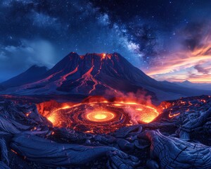 Canvas Print - A volcano erupts under a starry sky. AI.