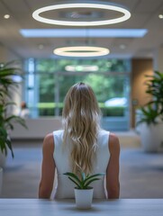 Sticker - A woman sits with her back to the camera in a modern office. AI.