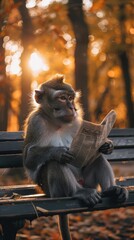 Sticker - A monkey sitting on a bench reading a newspaper. AI.