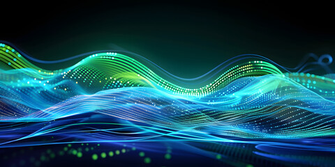 Poster - Vibrant blue and green digital waves flow through a dark background, creating a mesmerizing abstract representation of data streams and futuristic technology.