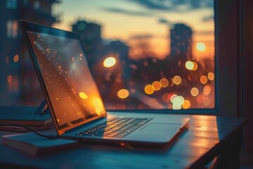 Poster - A laptop computer sits on top of a wooden desk, ideal for office or home use