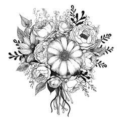 vector coloring black line floral bouquet white background